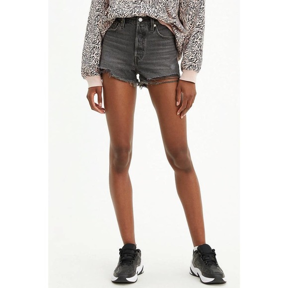 Levis 501 Denim Shorts 27 Charcoal Gray High Rise Jean Cutoff Eat Your Words - Picture 16 of 16